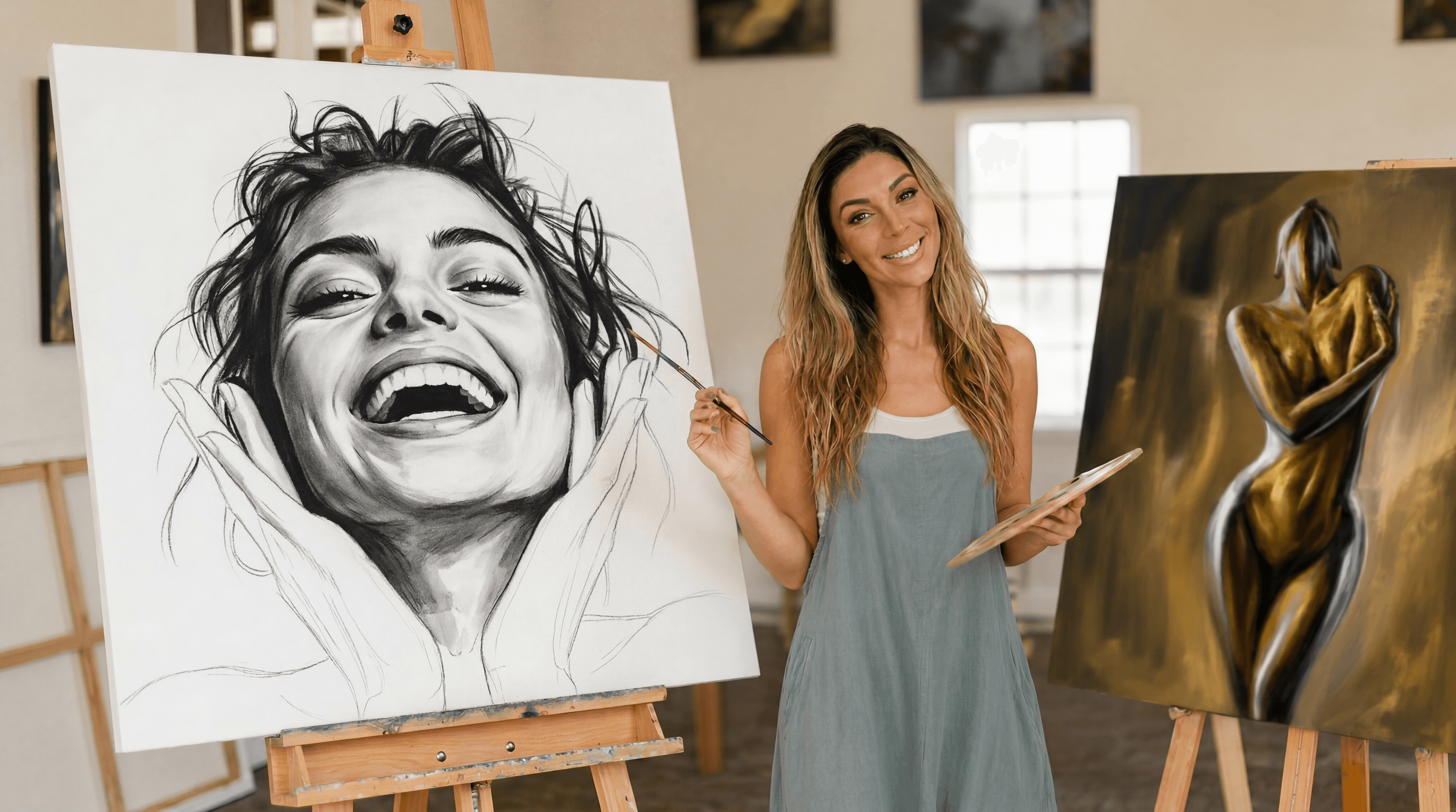 Karla Klarv in her studio with paintings on easels